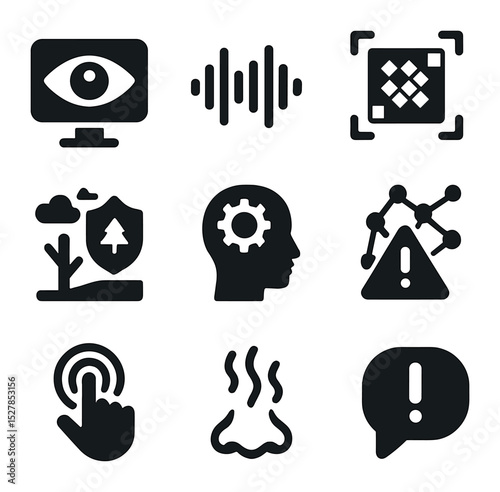 Perception Icons Grid. Solid, filled icons set of machine perception and awareness: vision sensor, audio