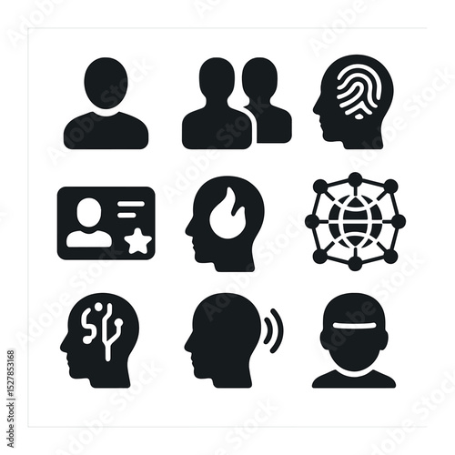 Digital Identity Icons. Solid, filled icons set of digital identity and consciousness: avatar icon, digital