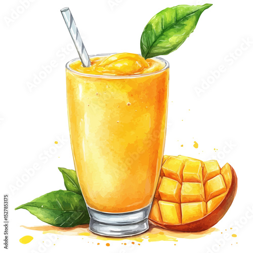 Mango Smoothie, watercolor clipart vector, high quality, isolated on a white background.