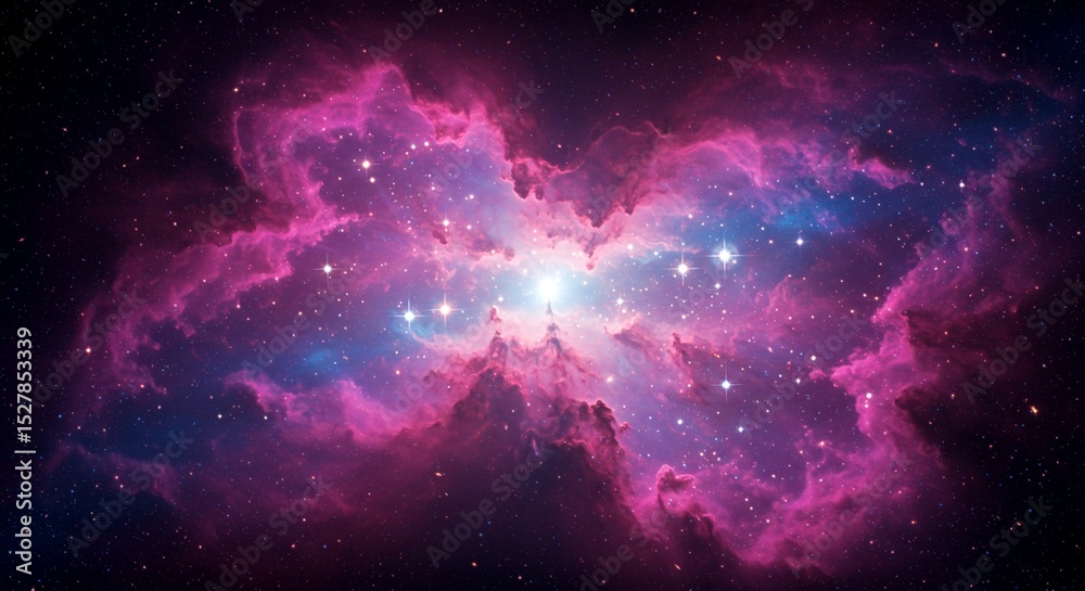 Fototapeta premium A pink-purple-gold nebula sparkles in the darkness of space