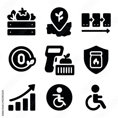 Food Security Icons. Solid, filled icons set of food security innovation: fresh produce crate, local food map,