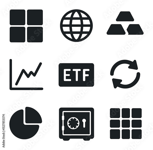 Portfolio Diversification Icons. Solid, filled icons set of portfolio diversification: sector blocks,