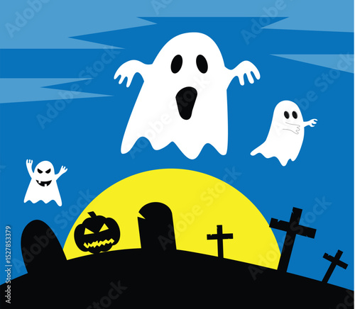 Silhouette of Halloween Graveyard with Funny Ghosts. Halloween holiday culture and religion concept vector art