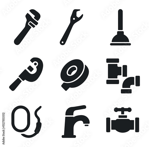 Plumbing Tools Icons. Solid, filled icons set of plumbing tools: pipe wrench, basin wrench, plunger, tubing
