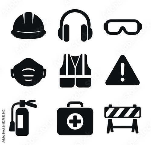 Site Safety Icons. Solid, filled icons set of safety equipment on site: hard hat, ear muffs, goggles, dust