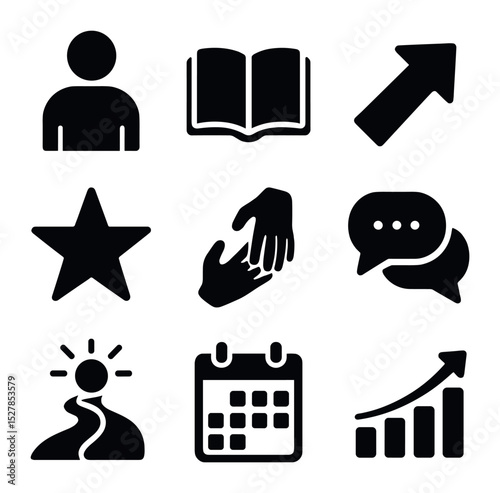 Mentorship Icons Grid. Solid, filled icons set of mentorship and guidance: mentor figure, open book, guiding