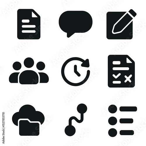 Online Collaboration Icons. Solid, filled icons set of online collaboration tools: shared document, chat