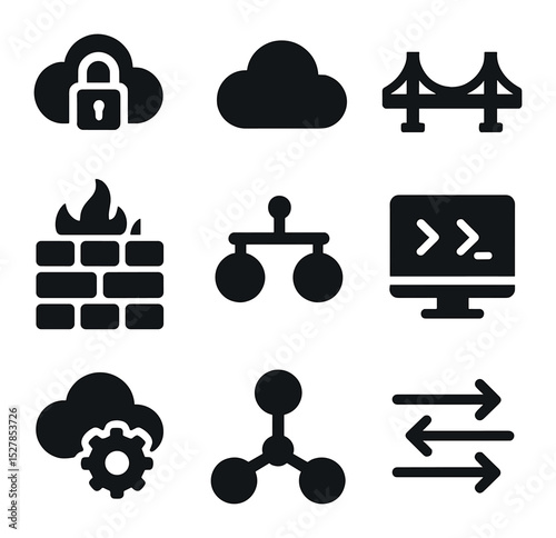 Hybrid Cloud Icons. Solid, filled icons set of hybrid cloud infrastructure: private cloud, public cloud,