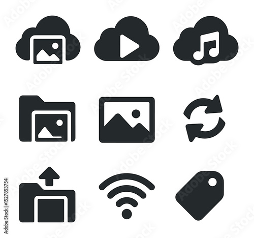 Cloud Storage Icons. Solid, filled icons set of multimedia cloud storage: photo cloud, video cloud, music note