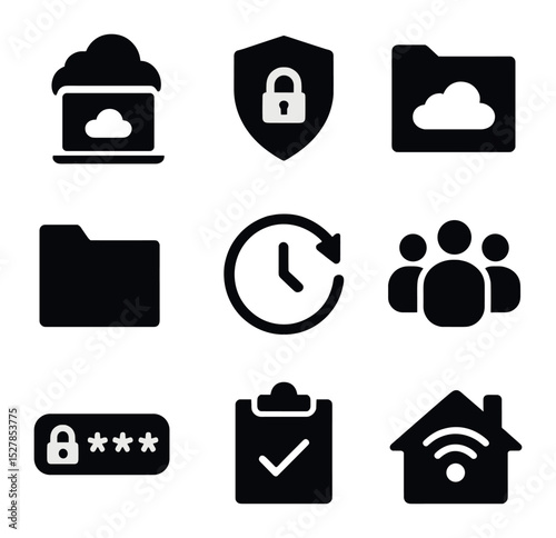 Remote Work Icons. Solid, filled icons set of remote work storage tools: laptop with cloud, VPN icon, cloud