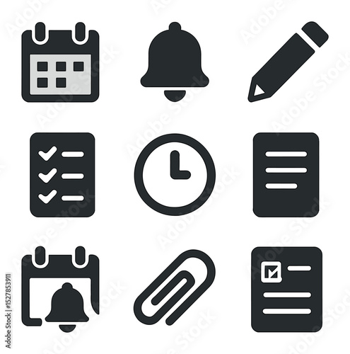 Modern Tracking Icons. Solid, filled icons set of tracking assignments and deadlines: calendar, alarm bell,