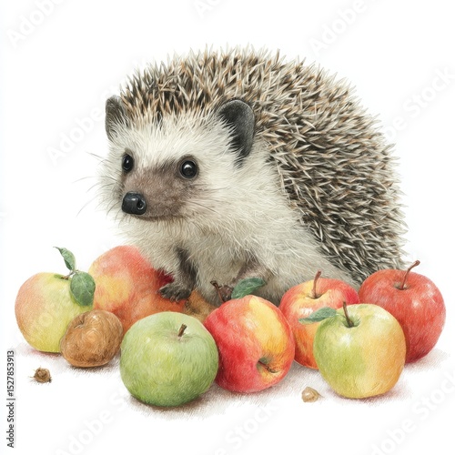 Adorable hedgehog among colorful apples in a whimsical and vibrant still life composition showcasing nature's charm