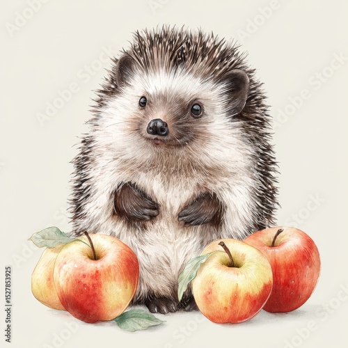 Cute hedgehog surrounded by fresh red apples, adorable animal illustration with a soft background and vibrant colors