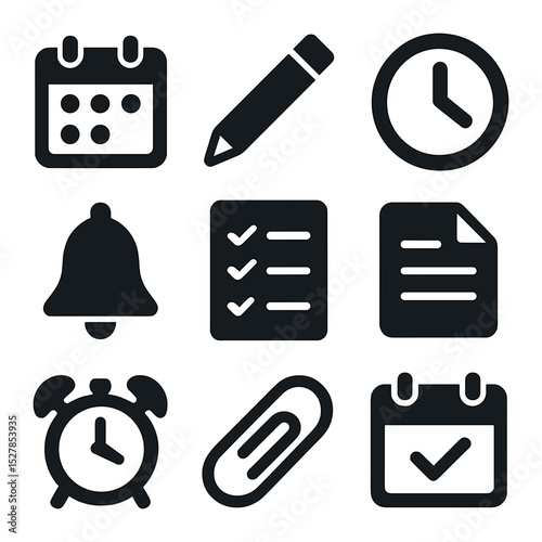 Task Management Icons. Solid, filled icons set of managing task deadlines: calendar, pencil, clock, reminder