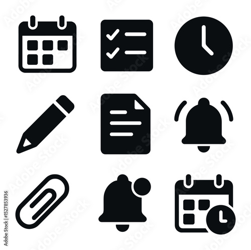 Task Management Icons. Solid, filled icons set of organizing deadlines and tasks: calendar, checklist, clock,