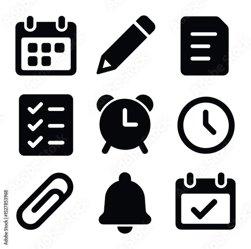 Student Task Icons. Solid, filled icons set of student workload tracker: calendar, pencil, document, checklist