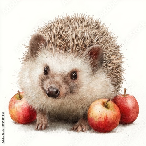 Adorable Hedgehog Surrounded by Fresh Red Apples on a Light Background in a Charming and Whimsical Setting