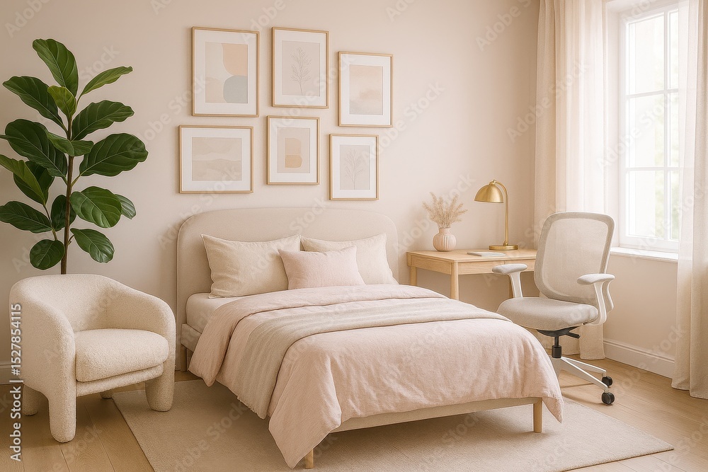 Fototapeta premium Inviting modern guestroom with warm accents and comfortable furniture