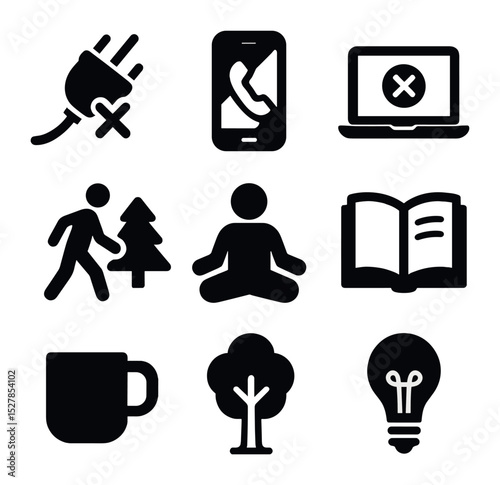 Unplugged Icons Grid. Solid, filled icons set of taking time offline: unplug icon, phone off, laptop off,