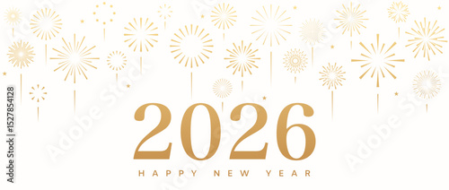 2026 fireworks banner, gold New Year background, card border