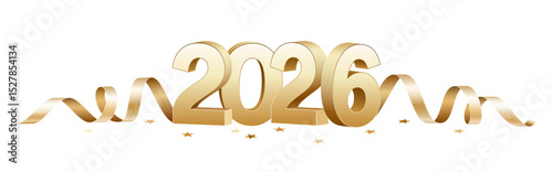 2026 gold 3D number isolated, vector serpentine ribbon