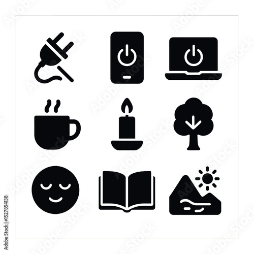 Digital Detox Icons. Solid, filled icons set of finding peace away from screens: unplug icon, phone off,