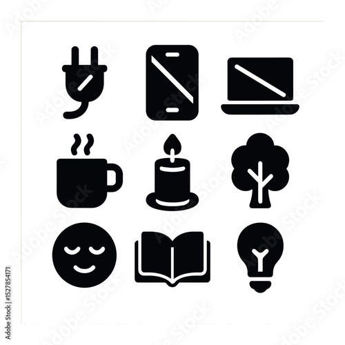 Offline Moments Icons. Solid, filled icons set of embracing offline moments: unplug icon, phone off, laptop