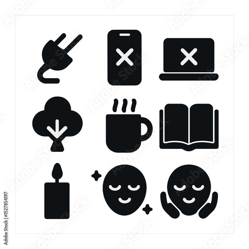 Mindful Icons Grid. Solid, filled icons set of stepping back from screens: unplug icon, phone off, laptop off,