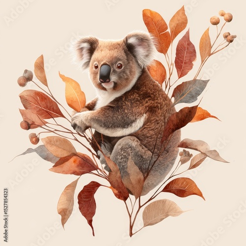 Cute koala sitting among autumn leaves in a warm and inviting artistic representation with soft colors and detailed textures