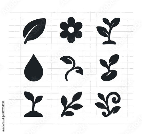 Eco-Friendly Icons Grid. Solid, filled icons set of eco-friendly floral designs: leaf, flower, plant, water