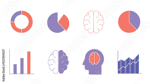A collection of infographic elements including pie charts brain icons and bar graph illustrations