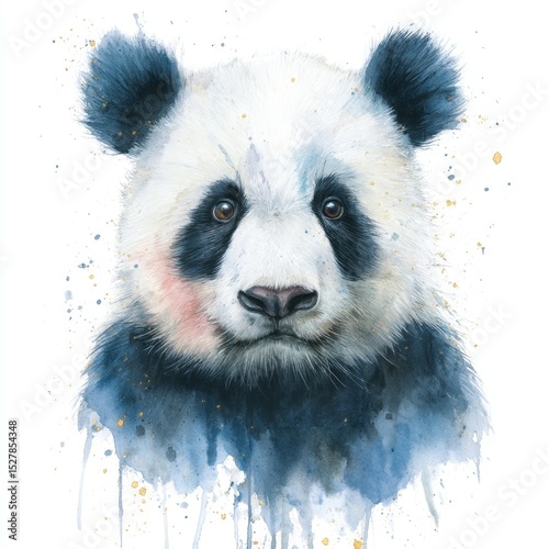 Stunning close-up portrait of a panda bear with beautiful watercolor splash effect and vibrant colors on a white background