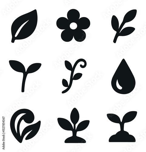 Natural Vibe Icons. Solid, filled icons set of natural vibe packaging elements: leaf, flower, branch, sprout,