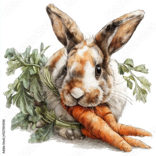 Adorable rabbit holding fresh carrots surrounded by parsley and celery, showcasing the beauty of nature and healthy eating