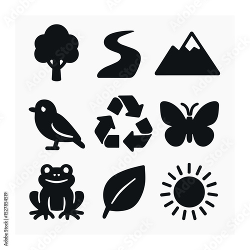 Rainforest Conservation Icons. Solid, filled icons set of lush rainforest conservation: tree, river, mountain,