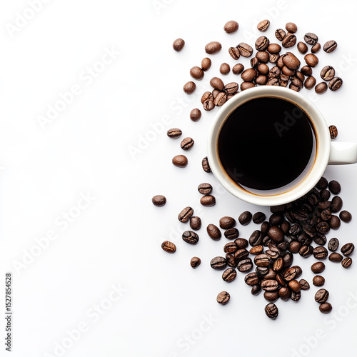 Rich coffee cup surrounded by roasted beans