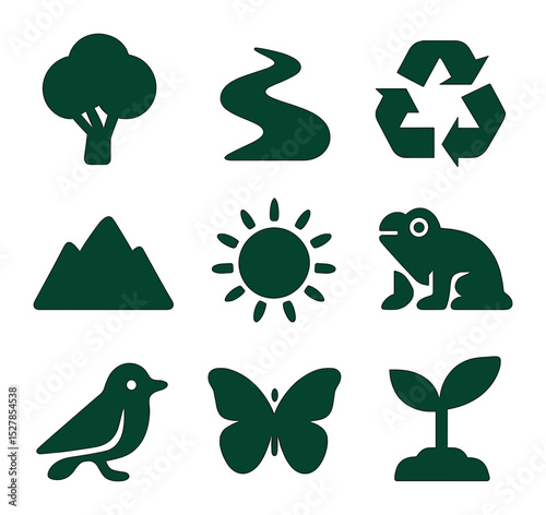 Eco Icons Grid. Solid, filled icons set of green rainforest sustainability: tree, river, recycling icon,