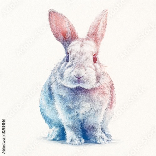Soft pastel illustration of a sitting rabbit with large ears and vibrant fur in blue and pink hues, showcasing delicate features
