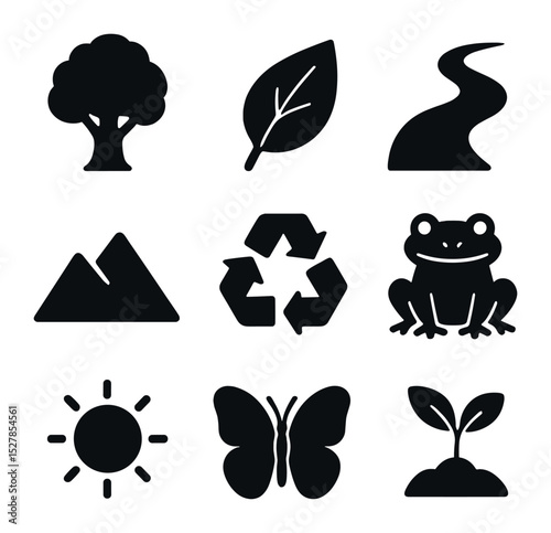 Tropical Forest Icons. Solid, filled icons set of tropical forest conservation: tree, leaf, river, mountain,