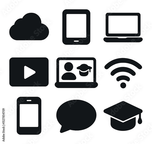 Future Learning Icons. Solid, filled icons set of future-focused learning tech: cloud icon, tablet, laptop,