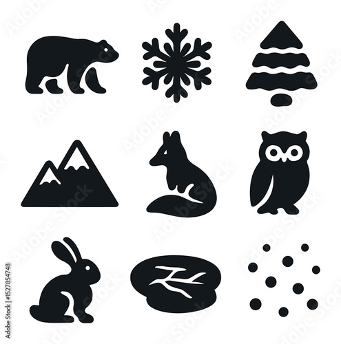 Arctic Wildlife Icons. Solid, filled icons set of arctic winter wildlife: polar bear, snowflake, snow-covered