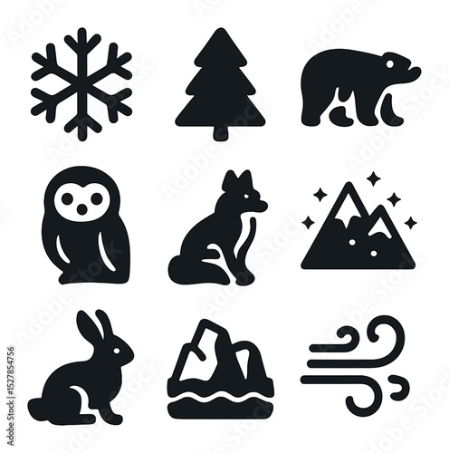 Cold Weather Icons. Solid, filled icons set of cold weather animal scenes: snowflake, pine tree, polar bear,