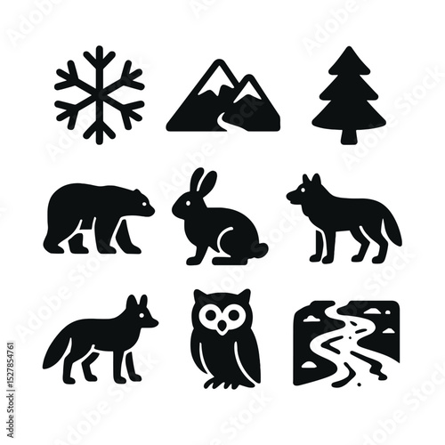 Winter Animal Icons. Solid, filled icons set of snowy landscapes with animals in winter habitats: snowflake,