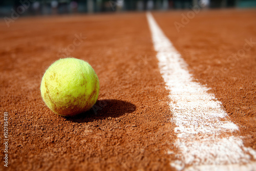 Close-up of a clay tennis court, focusing on the left baseline with a single yellow tennis ball No people present Outdoor daylight setting - AI-Generated