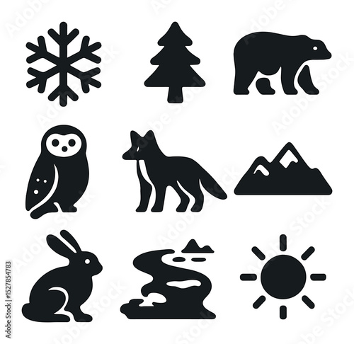 Frozen Wilderness Icons. Solid, filled icons set of frozen wilderness and animals: snowflake, evergreen tree,