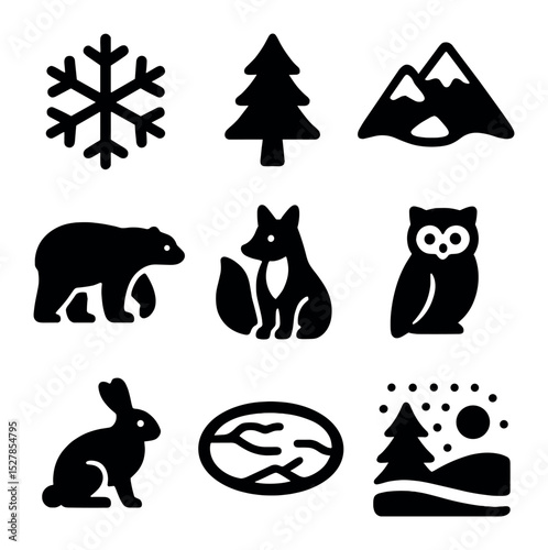 Winter Animal Icons. Solid, filled icons set of wintery animal habitats: snowflake, evergreen tree,