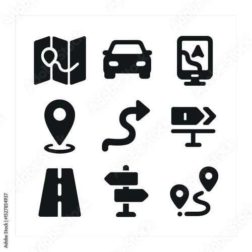 Road Trip Icon Set. Solid, filled icons set of road trip route mapping: map icon, car, GPS, location pin,