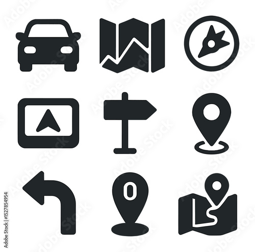 Travel Assistance Icons. Solid, filled icons set of travel and driving assistance: car icon, map, compass, GPS