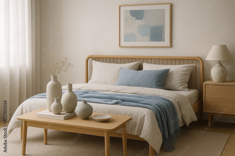 Fototapeta premium Calm and serene contemporary bedroom with soothing tones