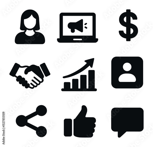 Digital Influence Icons. Solid, filled icons set of digital influencer affiliate campaigns: influencer icon,